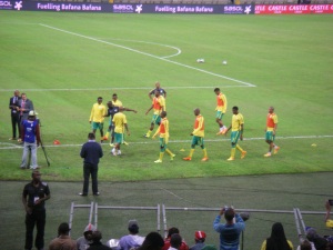 South Africa's national soccer team (Bafana Bafana – yellow and green jerseys) versus the Gambian National team